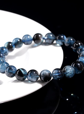 久雅水晶  天然蓝爆闪海蓝宝圆珠手链  蓝黑爆闪散珠手串  批发