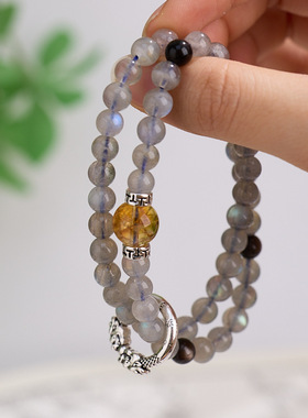 源头工厂批发天然黑曜石双圈手串月光石黄水晶高级感水晶情侣手串