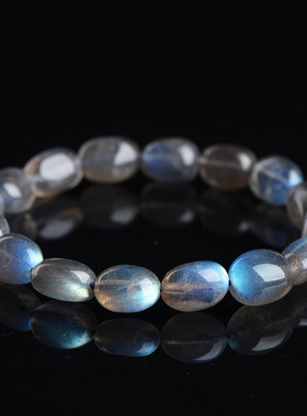 久雅水晶 天然黑体灰月光随型珠手链 彩光拉长石随形手串 批发