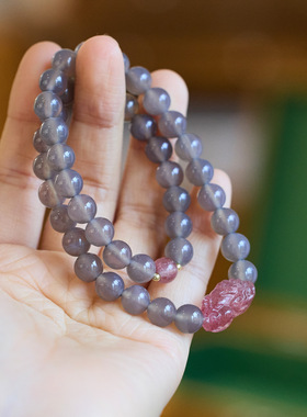 小红书爆款烟紫秋月天然烟紫玛瑙手链女草莓晶貔貅花牌双圈手串