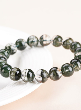久雅水晶 天然墨绿星沙绿幽灵手链 星光墨绿色绿幽灵圆珠手串批发