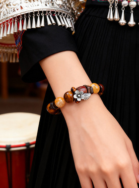 天然黄虎眼黄胶花串珠手链女文艺复古天然沉香木檀木精致手串手饰