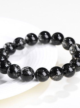 久雅水晶 天然7A级蕾丝黑发晶圆珠手链 满发黑色发晶散珠手串批发