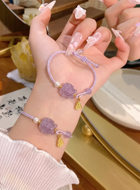 天然石粉水晶手链简约百搭纯手工编织手绳平安扣清新甜美编绳手链