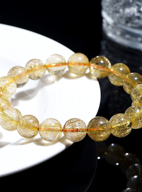 久雅水晶 天然金发晶圆珠手链 黄色发晶散珠手串 配珠 厂家直销