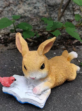 创意动物花园庭院装饰小兔子看书动物摆件窗台盆景造景树脂摆设