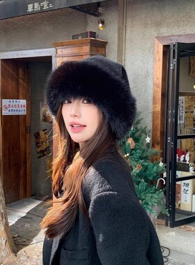 秋冬仿貂毛帽子女冬季高级感百搭毛绒渔夫帽大头围保暖护耳蒙古帽