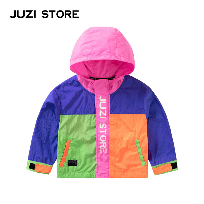 JUZI STORE童装秋新品锦纶荧光色拼接上装连帽外套男女童1111001