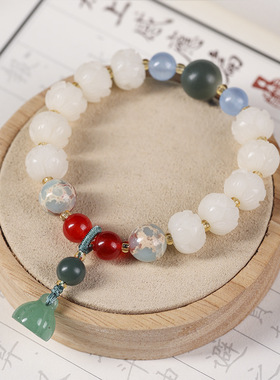 白玉菩提子精雕小莲花单圈手链