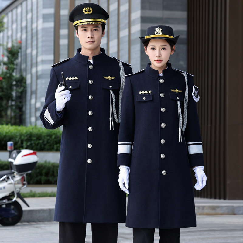 2024新款保安工作服毛呢大衣男女冬季物业形象岗礼宾加棉加长大衣 - 图1