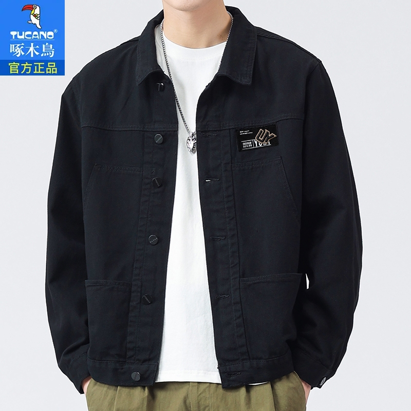 啄木鸟纯棉春秋牛仔外套男新款宽松男士工装夹克男装休闲上衣服 - 图2