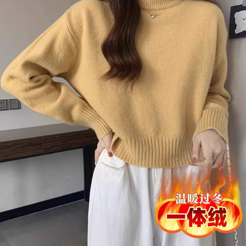 一体绒毛衣女秋冬2025新款半高领长袖打底针织衫加厚保暖内搭上衣 - 图3