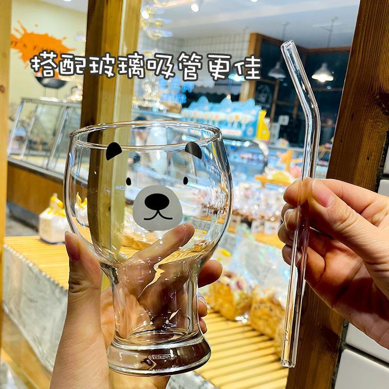 韩版网红玻璃杯水杯甜品冷饮杯女学生早餐卡通可爱小熊个性啤酒杯 - 图0