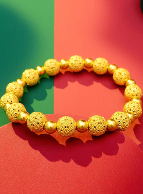 深圳水贝古法黄金手链玲珑珠足金999镂空花朵圆珠纯金手串送礼
