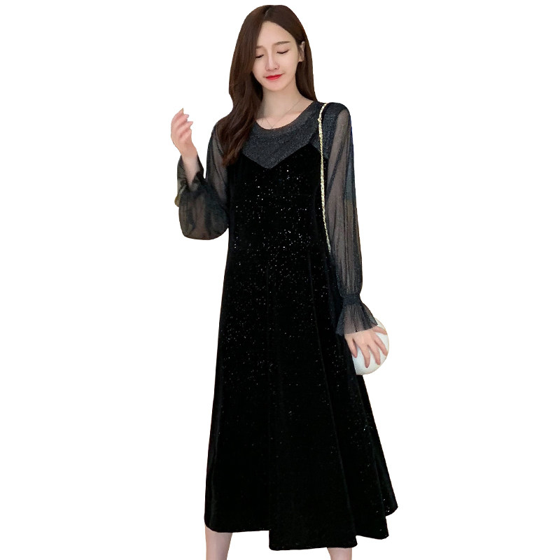 孕妇装秋装新款孕妇过膝黑色连衣裙 月朵连衣裙