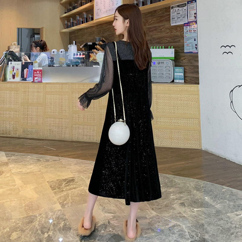 孕妇装秋装新款孕妇过膝黑色连衣裙 月朵连衣裙