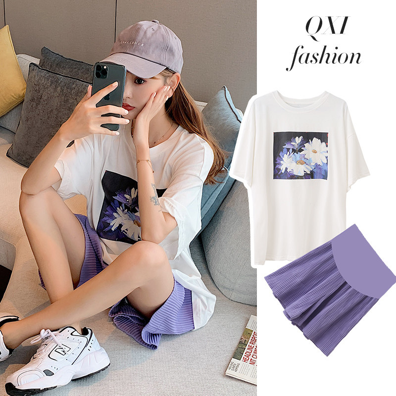 孕妇怀孕时尚款2020新款短裤t恤 月朵套装