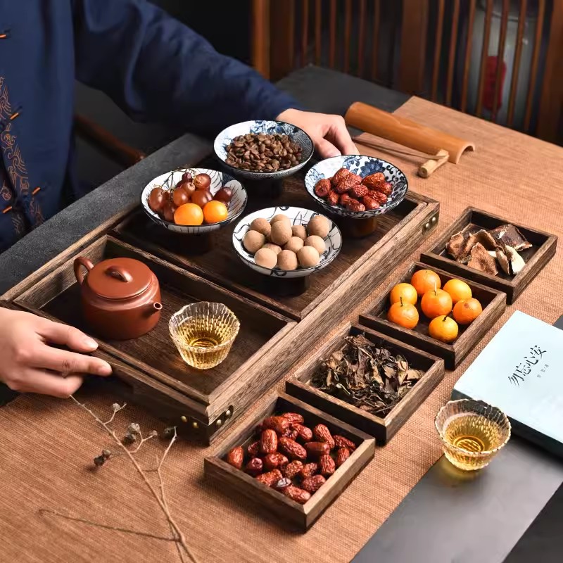 清仓烧桐木茶饼盒实木普洱茶盒手工烧木博古架茶托盘大号套装果盘-图1