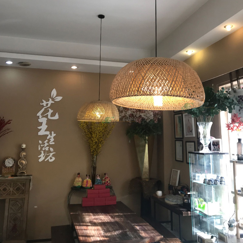 中式竹编茶室餐厅吊灯东南亚民宿火锅店阳台灯藤艺日式榻榻米灯具 - 图0