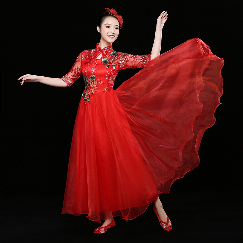 新款大合唱演出服女长裙中国风开场舞大摆裙现代舞蹈服装大人 2018 新款大合唱演出服女长裙中国风开场舞大摆裙现代舞蹈服装大人 2018