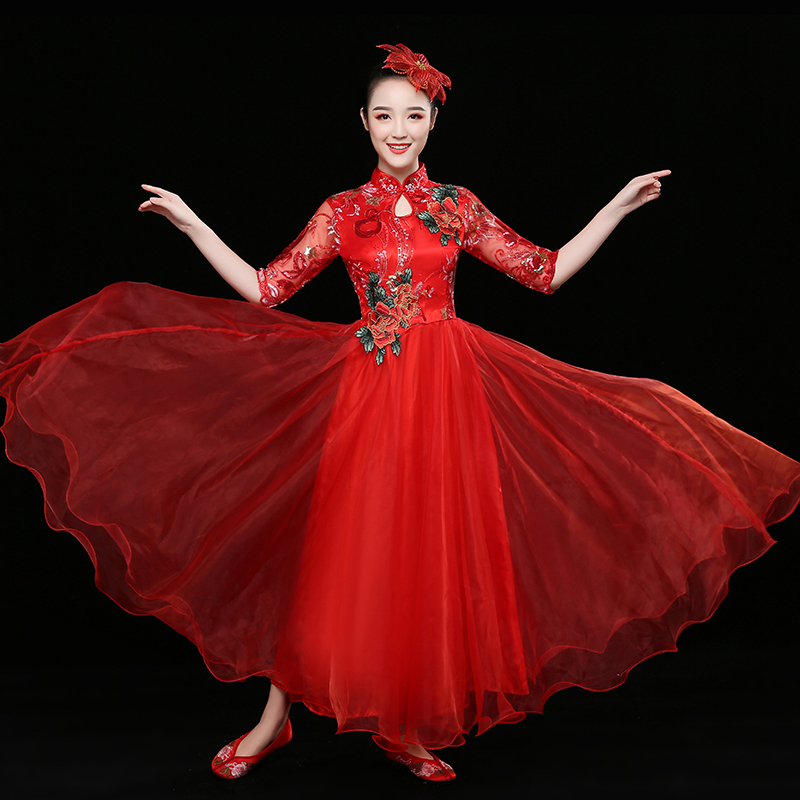 新款大合唱演出服女长裙中国风开场舞大摆裙现代舞蹈服装大人 2018 新款大合唱演出服女长裙中国风开场舞大摆裙现代舞蹈服装大人 2018