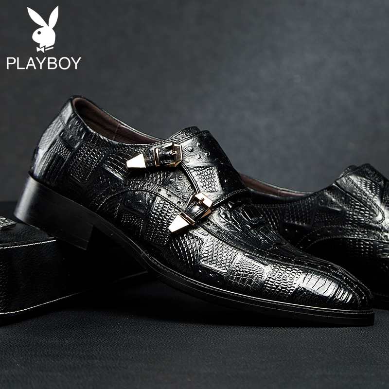 playboy崇冠专卖店花花公子男鞋春季透气英伦孟克商务皮鞋男士真皮压花纹休闲鞋子男2