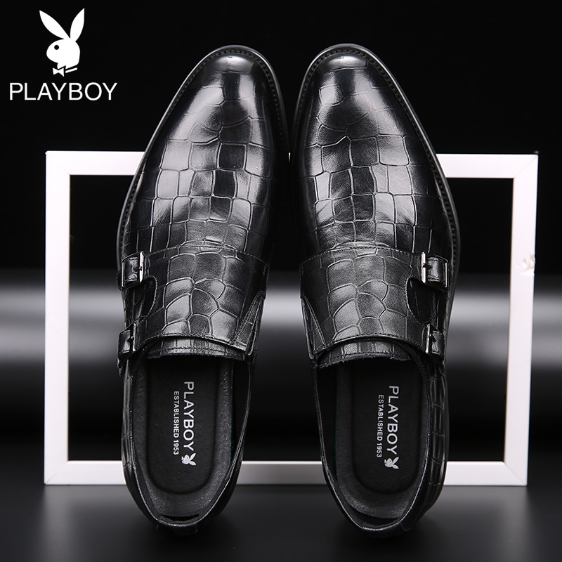 playboy崇冠专卖店花花公子男鞋冬季休闲皮鞋男韩版潮商务英伦压纹真皮鞋子男孟克鞋2
