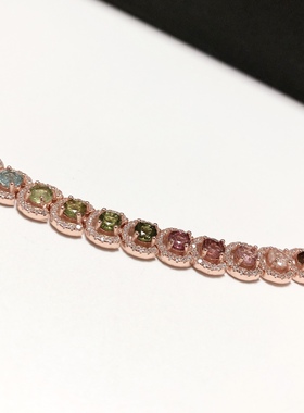 S1690# S925纯银精工镶嵌碧玺手链 主石22颗 尺寸4mm 全长19.5cm