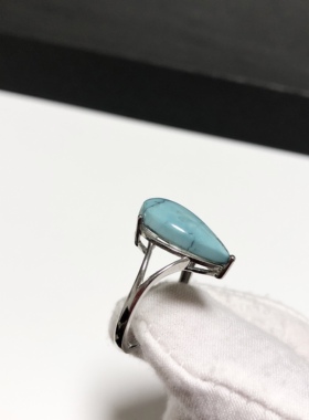 G116# 天然原矿绿松石高瓷蓝水滴戒指18*11mm S925银开口戒托