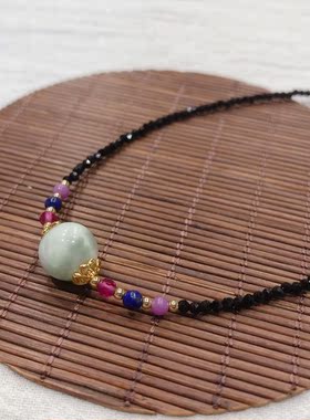 D670# 绿纹石绿天使锁骨链滚运珠9.5mm 配黑尖晶珠链