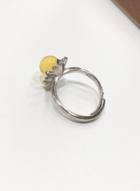 G18# 天然蜜蜡金绞蜜圆珠戒指8mm 配S925银托