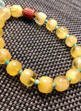 S353#天然老型珠半珀半蜜蜜蜡手链9mm配绿松朱砂回纹珠翡翠吊坠