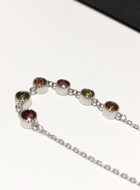 S1689# S925纯银精工镶嵌碧玺手链 平安喜乐 6颗主石*5mm全长16cm
