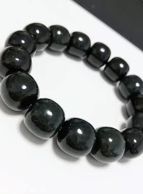 S1668# 天然新疆和田玉塔青玉老型桶珠男士手链14*13mm 配证书