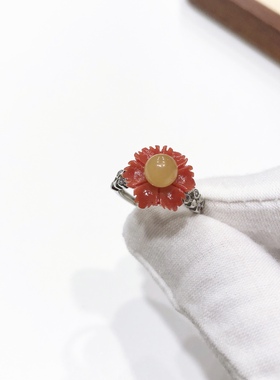 G22# 天然蜜蜡鸡油黄圆珠花朵戒指