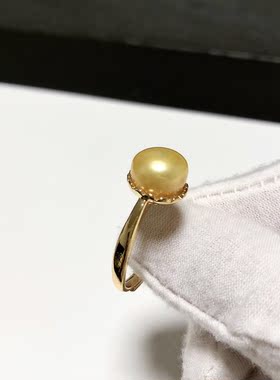 G176# 天然淡水珍珠金珠戒指10mm S925银镀金开口托