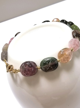 S570# 天然老矿料碧玺富甲天下手链8.3-10.8mm 配极光淡水珍珠8mm