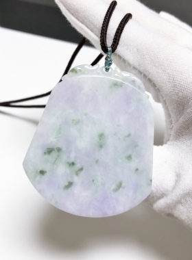 D528# 天然A货翡翠紫罗兰飘绿花无事牌吊坠毛衣链挂件54*45*4.3mm