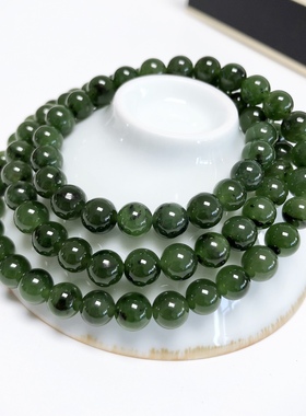 S512# 天然老坑料乌兰海碧玉手链 和田玉菠菜绿碧玉三圈手串7mm