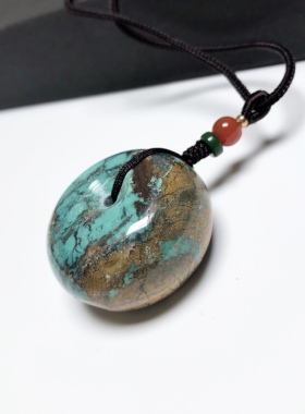 D737# 天然原矿高瓷绿松石双色地图古风大胖墩面包扣平安扣吊坠