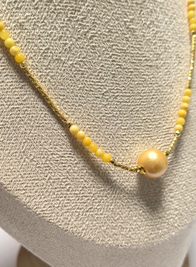 D1455# 天然真多麻海水珍珠项链 金珠锁骨链滚运珠10mm配原矿蜜蜡