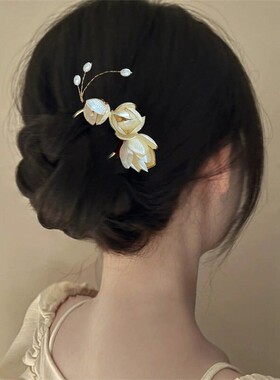玉兰花朵u型发簪缠花簪