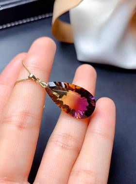 大气方形紫黄晶宝石水滴项链坠