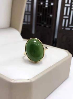 18K金天然和田玉戒指足金羊脂玉籽料指环碧玉女款戒指绿宝玉石