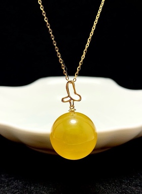 天然原矿蜜蜡鸡油黄圆珠吊坠18K金搭配琥珀单坠女款蜜蜡锁骨项链