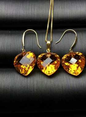 项链坠烟花耳钩天然黄水晶18k金