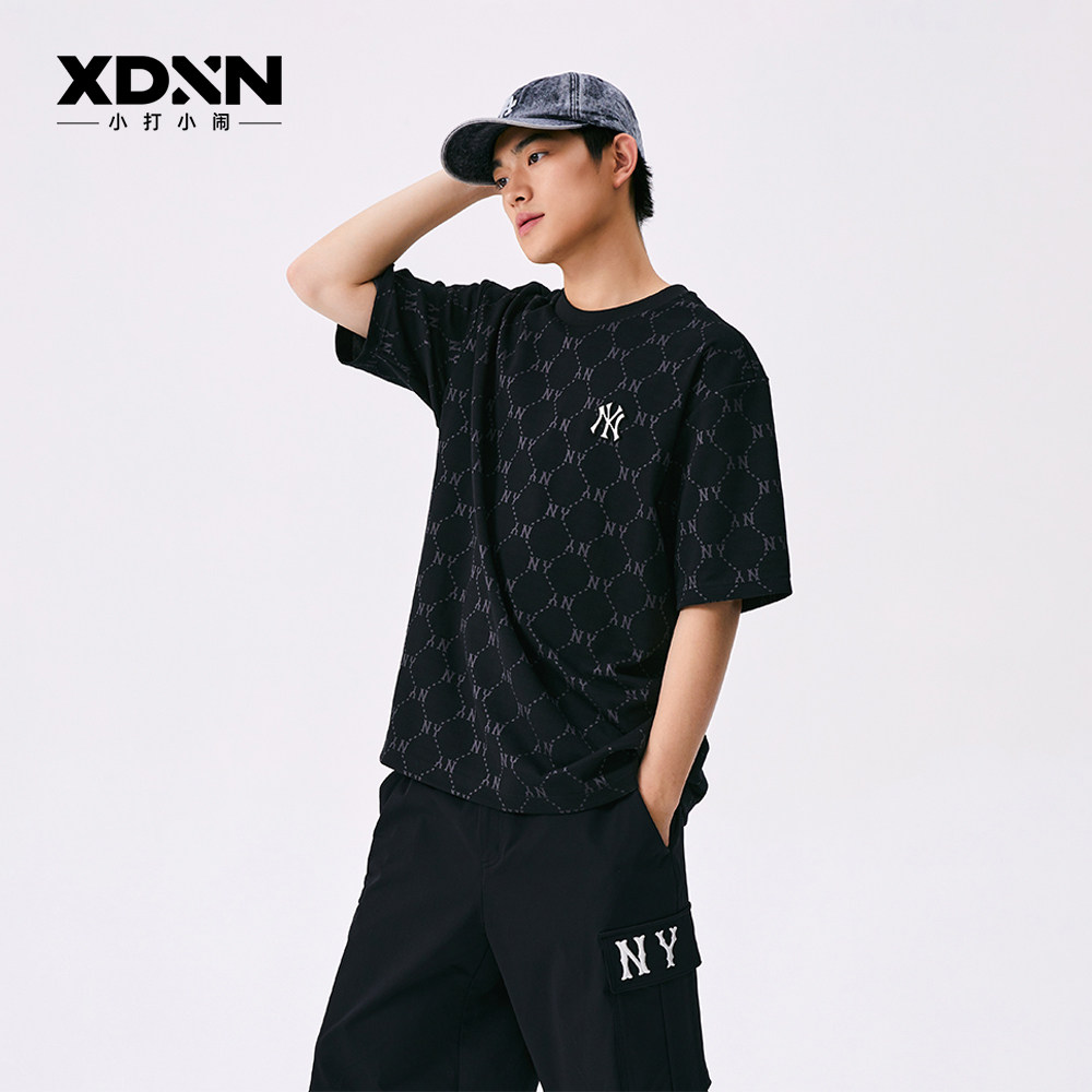 MLB 25秋季官方张凌赫同款短袖男钻石老花宽松半袖透气女T恤TSM01,淘宝优惠券,粉丝福利购,淘宝优惠卷