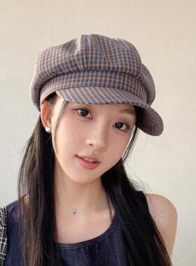 韩系格子贝雷帽女2026新款秋季帽子鸭舌帽显脸小八角帽画家帽薄款