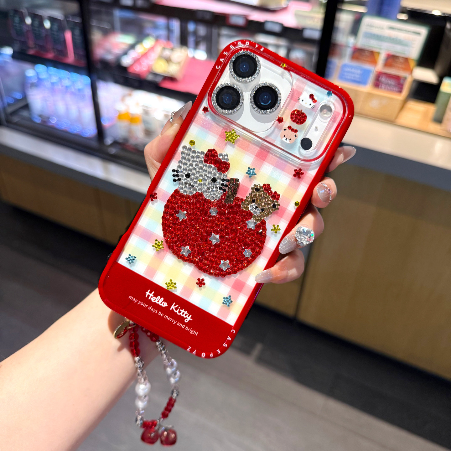 网红同款适用iPhone17pro max苹果16手机壳15plus奢华水钻红苹果Kt猫可爱14保护套13全包X防摔11女12新款挂链,淘宝优惠券,粉丝福利购,淘宝优惠卷