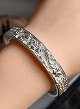 【足银9999】手工铲刻锦地浮雕三窗民族风银镯可来料加工